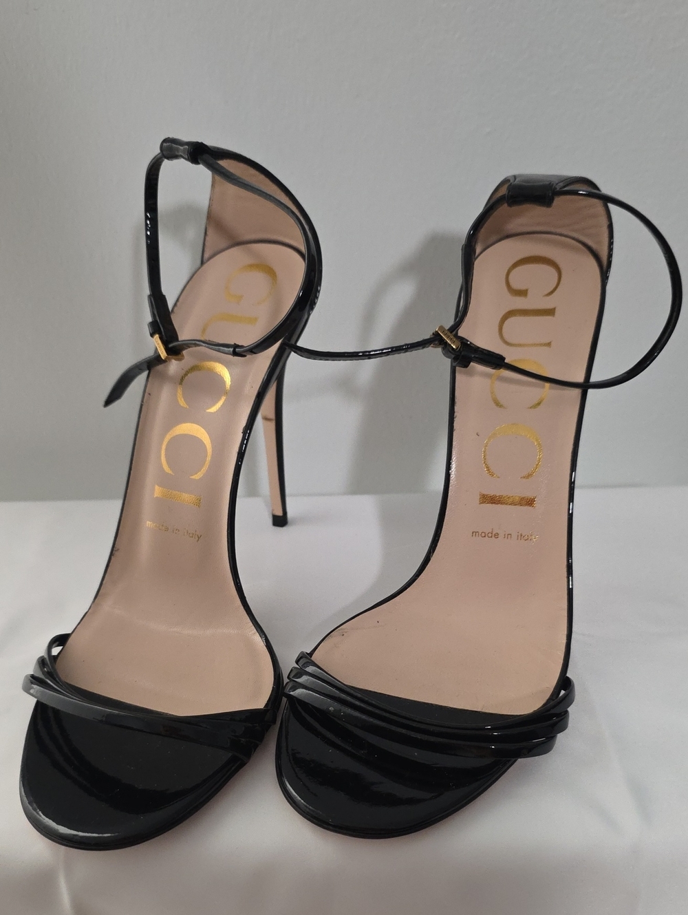 Gucci Black Patent Leather Stiletto Sandals with Ankle Straps